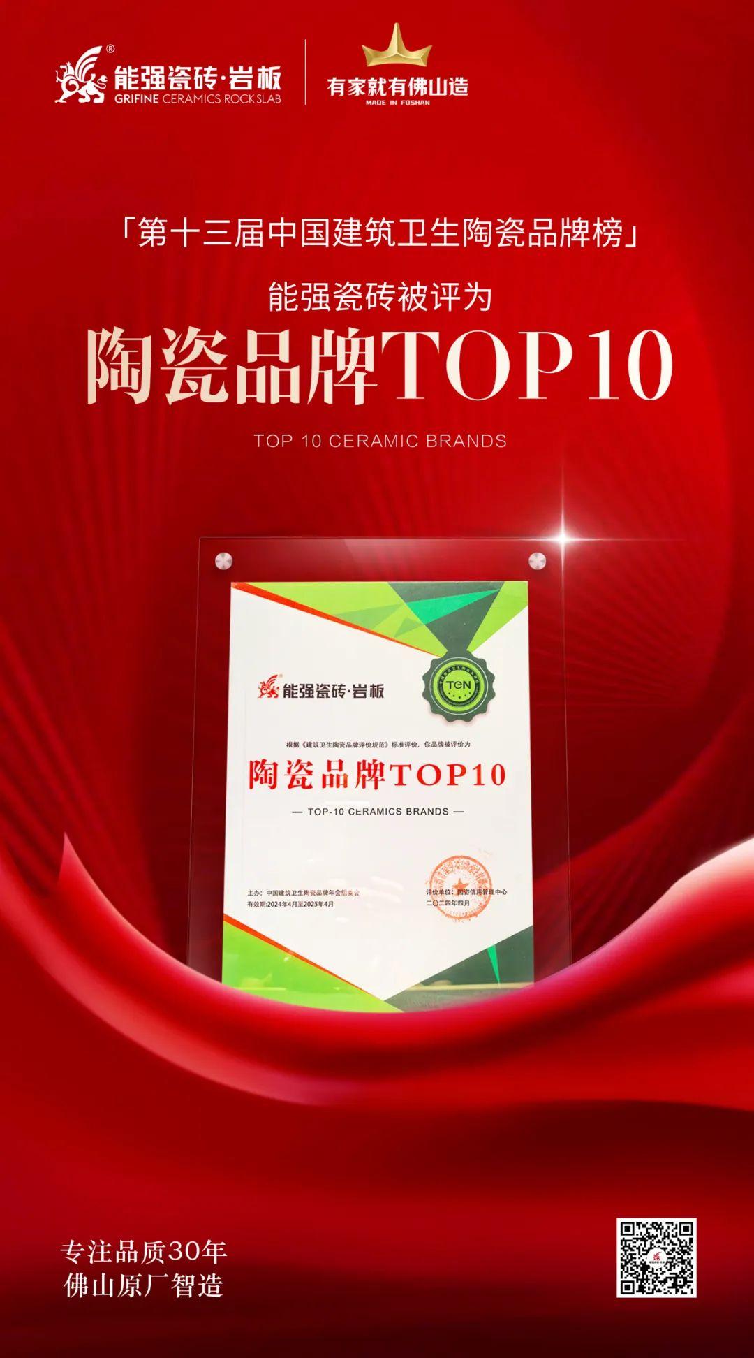 匠心榮耀丨能強(qiáng)瓷磚斬獲“陶瓷品牌TOP10”殊榮！